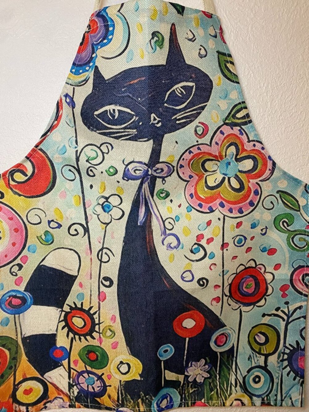Dark Blue Cat Floral Art Print Kitchen Bib Apron Linen Blend Colorful Cat Lover